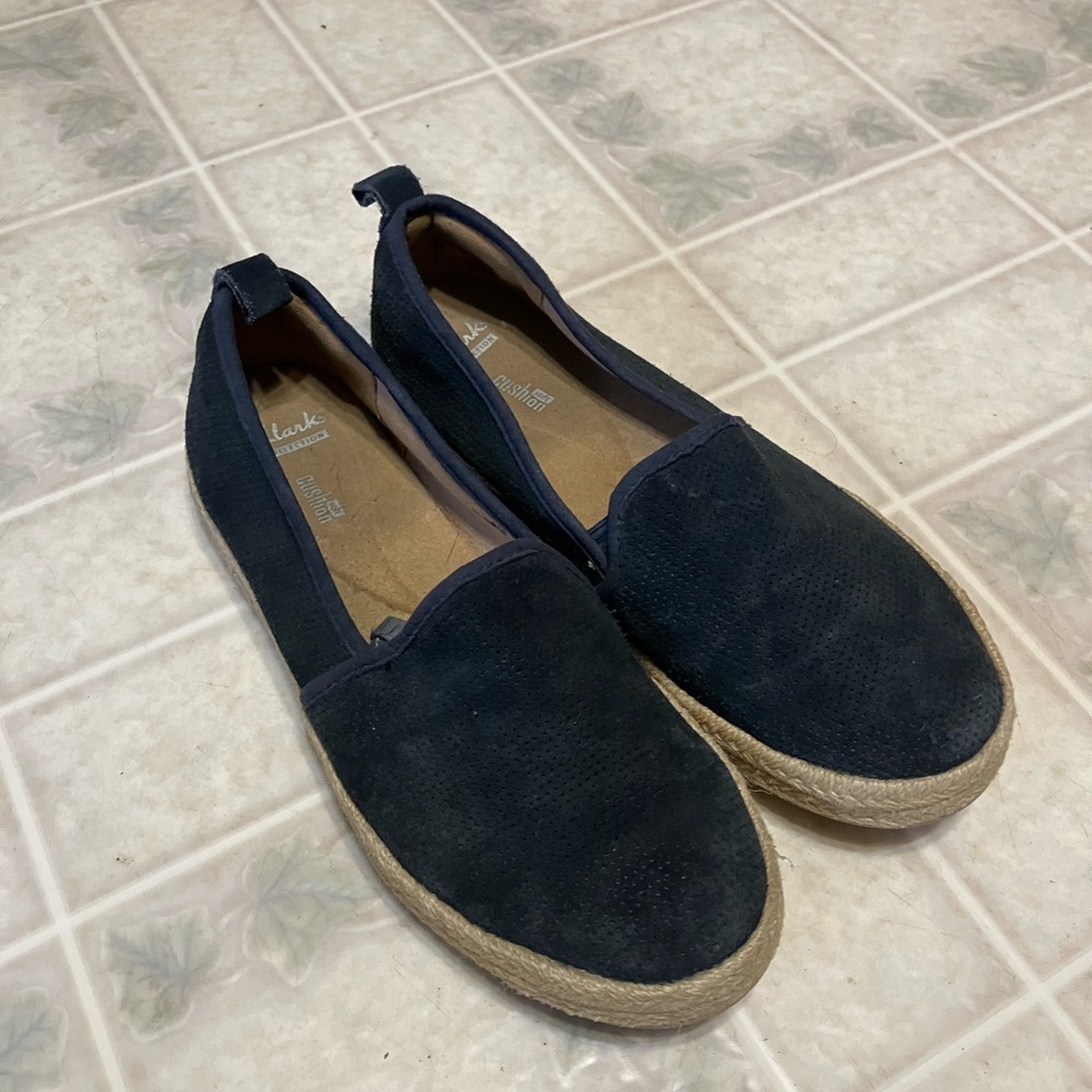 Clarks Collection Perforated Suede Slip On Navy Blue Espadrille Heel Tennis shoe